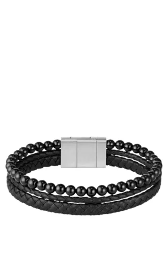 Armband mit geflochtenem schwarzem Leder und Perlen