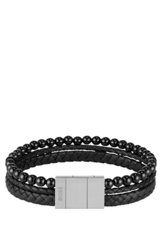 Armband mit geflochtenem schwarzem Leder und Perlen