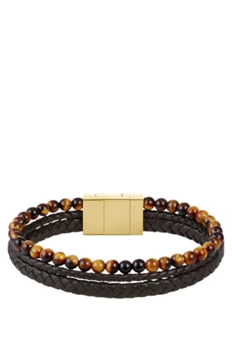 Armband mit Perlen und geflochtenem braunem Leder