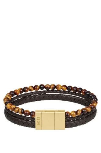 Armband mit Perlen und geflochtenem braunem Leder