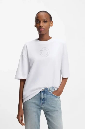 Baumwoll-Jersey-T-Shirt mit Strassstein-HUGO-Logo