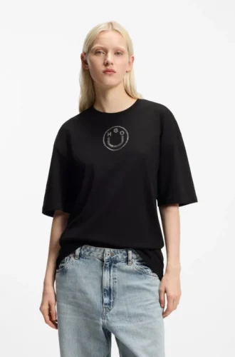 Baumwoll-Jersey-T-Shirt mit Strassstein-HUGO-Logo
