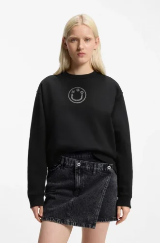 Baumwoll-Sweatshirt mit Strass-Aufschrift „Happy HUGO“
