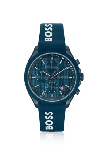 Blau beschichtete Chronographenuhr mit blauem Silikonarmband