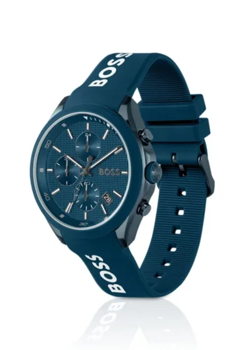 Blau beschichtete Chronographenuhr mit blauem Silikonarmband