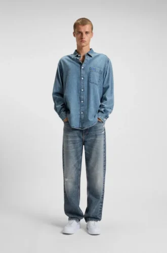 Blaue Baggy-Fit-Jeans aus Distressed-Denim