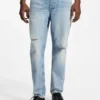Blaue, konisch geschnittene Jeans aus Distressed-Denim Blaue, konisch geschnittene Jeans aus Distressed-Denim