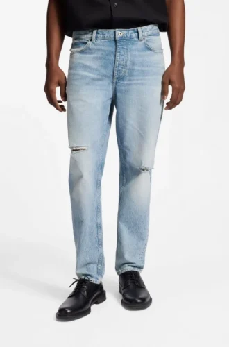 Blaue, konisch geschnittene Jeans aus Distressed-Denim