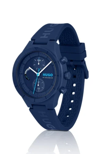 Blaue Uhr mit Silikonarmband mit Logo