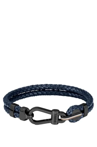 Blaues Armband aus geflochtenem Leder mit schwarzem Karabinerverschluss