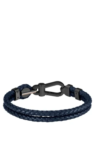 Blaues Armband aus geflochtenem Leder mit schwarzem Karabinerverschluss