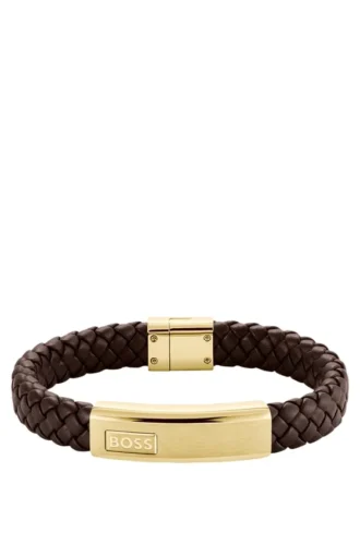 Braunes, geflochtenes Lederarmband mit goldfarbener Logo-Plakette