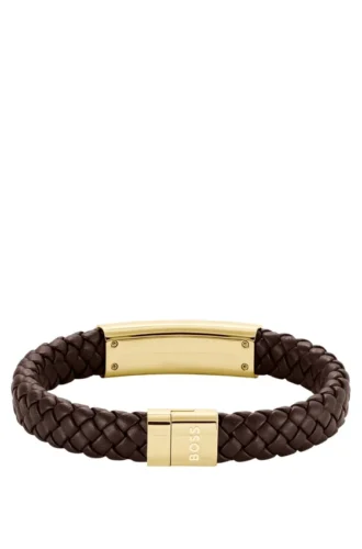 Braunes, geflochtenes Lederarmband mit goldfarbener Logo-Plakette