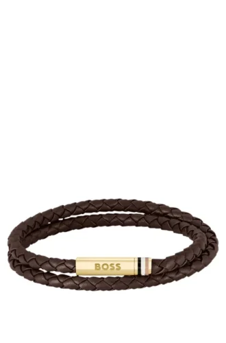 Braunes, geflochtenes Lederarmband mit Logo-Verschluss