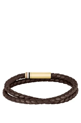 Braunes, geflochtenes Lederarmband mit Logo-Verschluss