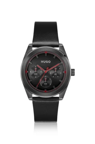 #BRIGHT SPORT Schwarz beschichtete Uhr mit farblich abgestimmtem Lederarmband