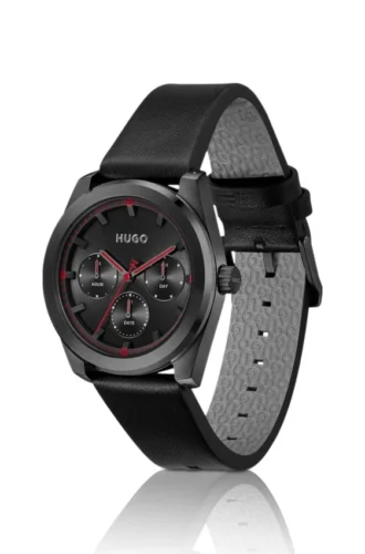 #BRIGHT SPORT Schwarz beschichtete Uhr mit farblich abgestimmtem Lederarmband
