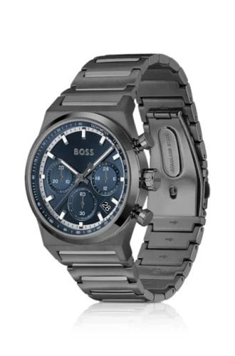 Chronographenuhr mit blauem Zifferblatt aus grau beschichtetem Stahl