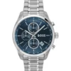 Chronographenuhr mit blauem Zifferblatt aus silberfarbenem Stahl