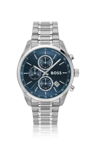 Chronographenuhr mit blauem Zifferblatt aus silberfarbenem Stahl