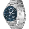 Chronographenuhr mit blauem Zifferblatt aus silberfarbenem Stahl
