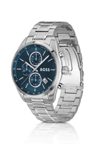 Chronographenuhr mit blauem Zifferblatt aus silberfarbenem Stahl