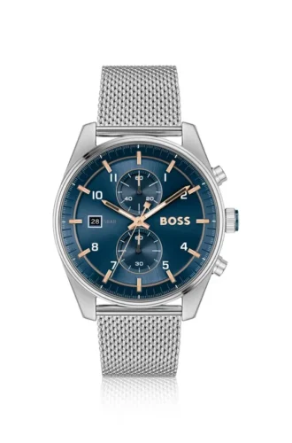 Chronographenuhr mit blauem Zifferblatt und Mesh-Armband