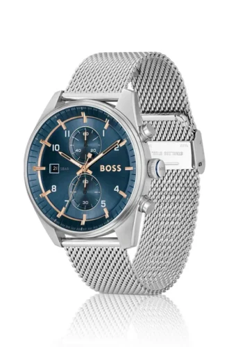 Chronographenuhr mit blauem Zifferblatt und Mesh-Armband