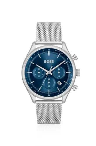Chronographenuhr mit Gitterarmband und blauem Zifferblatt