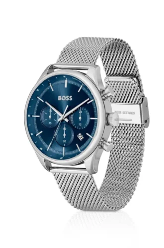Chronographenuhr mit Gitterarmband und blauem Zifferblatt