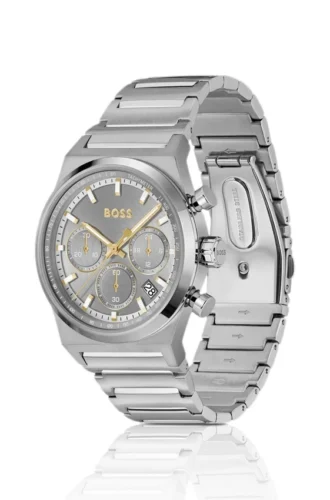 Chronographenuhr mit Gliederarmband aus silberfarbenem Stahl