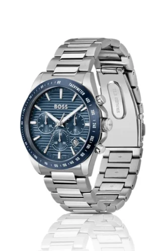 Chronographenuhr mit Gliederarmband und blauem, strukturiertem Zifferblatt