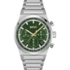 Chronographenuhr mit grünem Zifferblatt aus silberfarbenem Stahl