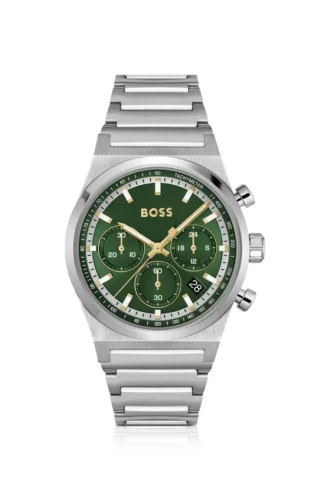 Chronographenuhr mit grünem Zifferblatt aus silberfarbenem Stahl