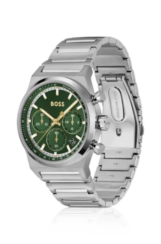 Chronographenuhr mit grünem Zifferblatt aus silberfarbenem Stahl