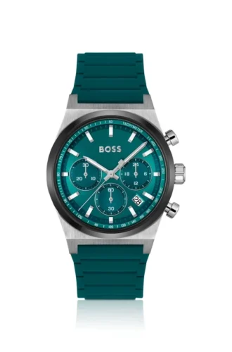 Chronographenuhr mit grünem Zifferblatt und Silikonarmband