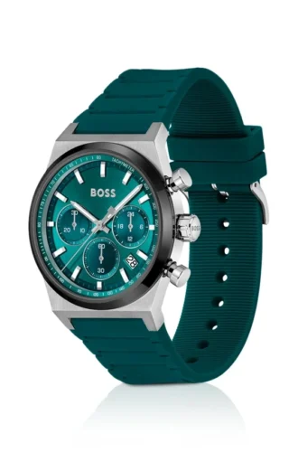 Chronographenuhr mit grünem Zifferblatt und Silikonarmband