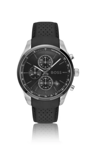 Chronographenuhr mit Lederarmband und schwarzem Zifferblatt