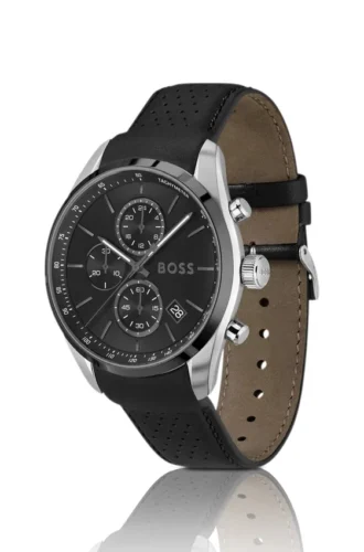 Chronographenuhr mit Lederarmband und schwarzem Zifferblatt