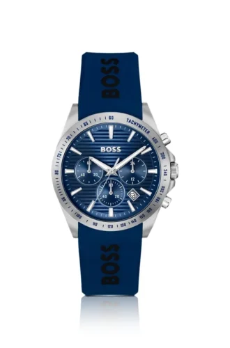 Chronographenuhr mit Logo-Armband und blauem, strukturiertem Zifferblatt