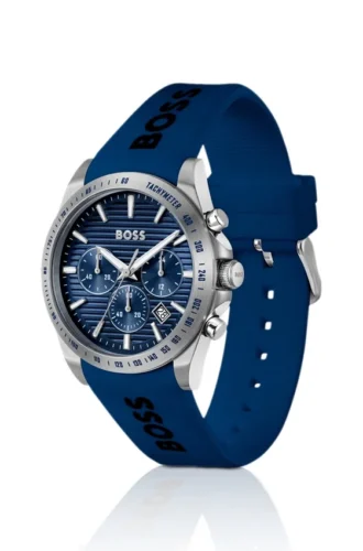 Chronographenuhr mit Logo-Armband und blauem, strukturiertem Zifferblatt
