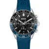 Chronographenuhr mit schwarzem Zifferblatt und blauem Silikonarmband