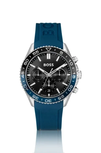 Chronographenuhr mit schwarzem Zifferblatt und blauem Silikonarmband