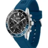 Chronographenuhr mit schwarzem Zifferblatt und blauem Silikonarmband