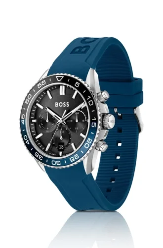 Chronographenuhr mit schwarzem Zifferblatt und blauem Silikonarmband