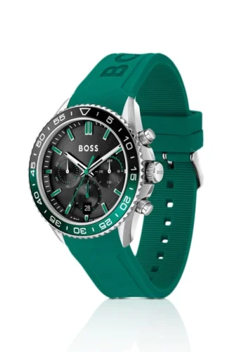 Chronographenuhr mit schwarzem Zifferblatt und Silikonarmband