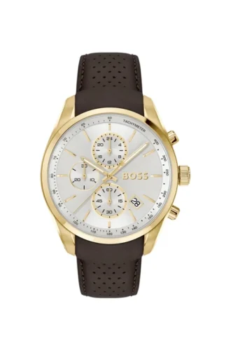 GRAND PRIX 44 Goldfarbene Chronographenuhr mit perforiertem Lederarmband