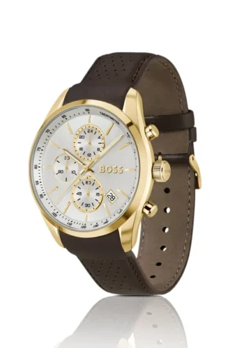 GRAND PRIX 44 Goldfarbene Chronographenuhr mit perforiertem Lederarmband
