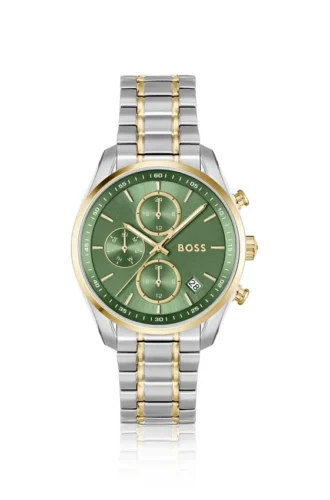 GRAND TOUR LADIES Zweifarbige Uhr mit grünem Zifferblatt und Fünf-Glied-Armband