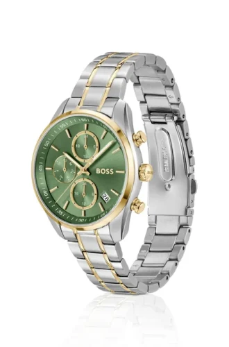 GRAND TOUR LADIES Zweifarbige Uhr mit grünem Zifferblatt und Fünf-Glied-Armband